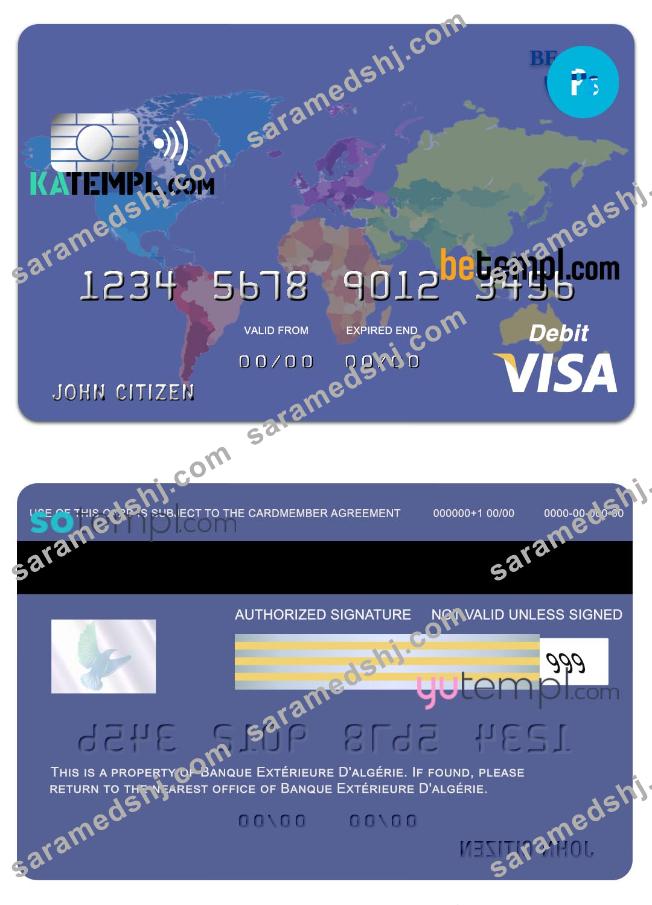Algeria banque extérieure visa card template in PSD format, fully editable
